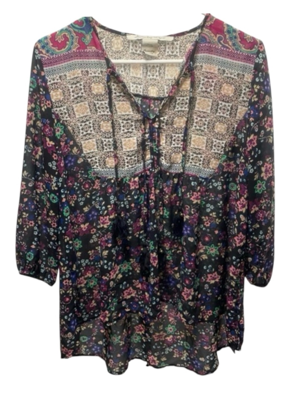 American Rag Cie Boho 3/4 sleeve Multi colored Floral Blouse Hi-Lo hem size S